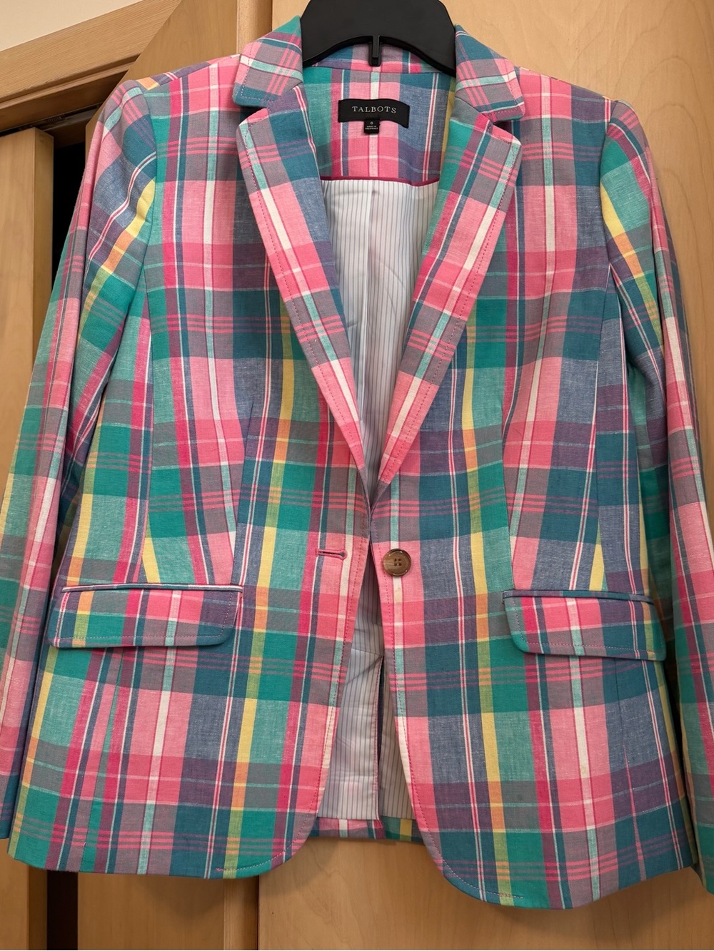 Sz 6 Talbots lined linen & cotton plaid blazer jacket, good condition